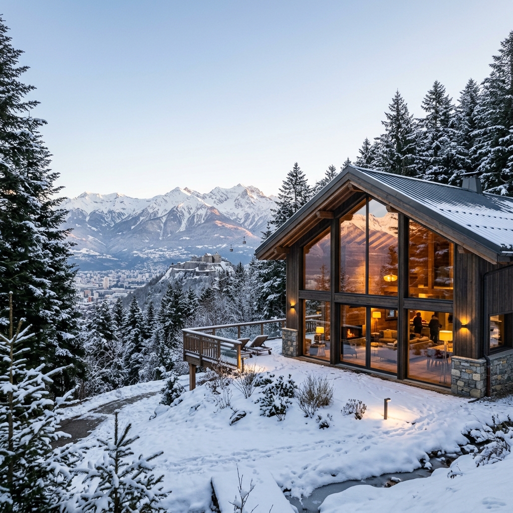 Modern alpine chalet with large triple-glazed windows reflecting snow-capped mountains, warm interior light glowing, pine trees, Grenoble Bastille fortress visible in distance, crisp winter morning, premium architectural photography